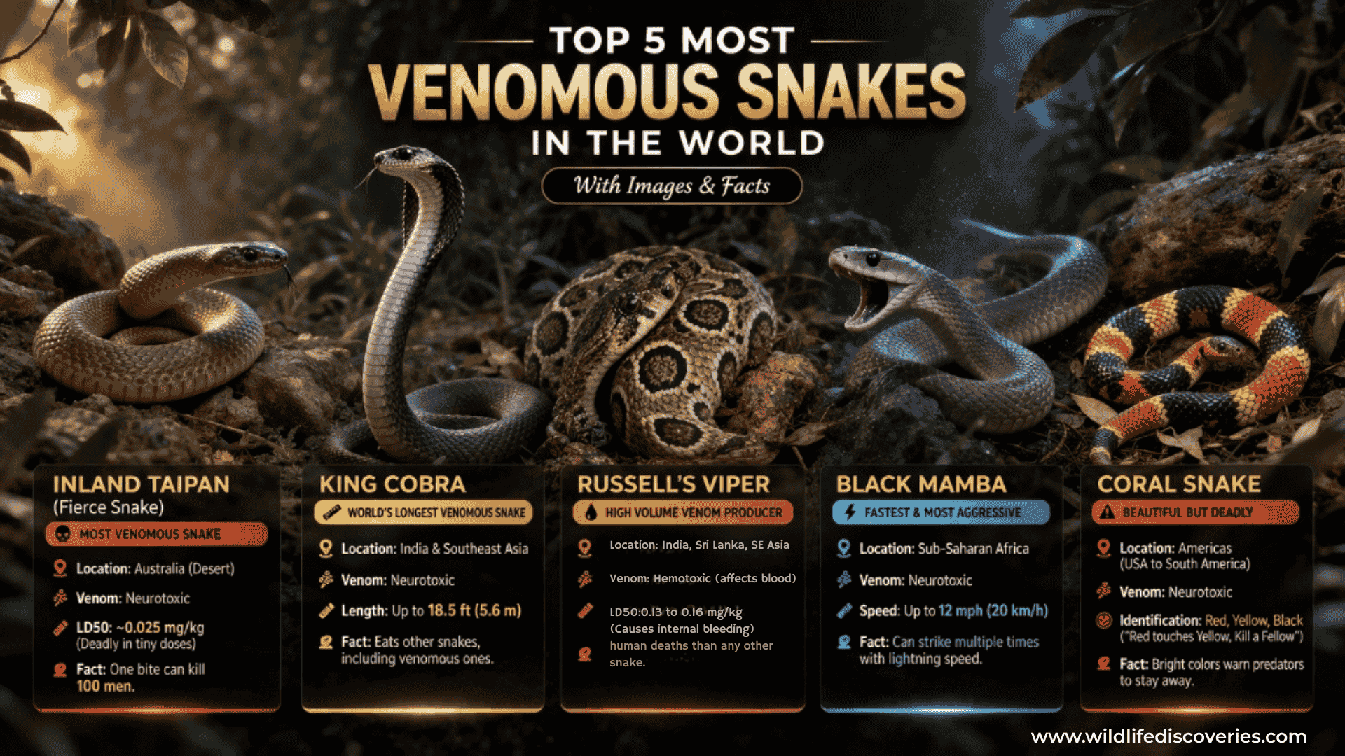 top 5 most venomous snakes in the world with images including inland taipan king cobra russells viper black mamba and coral snake in natural habitat