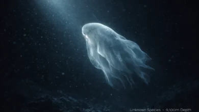 9100-meter mystery mollusc drifting in deep-sea hadal zone under submersible light