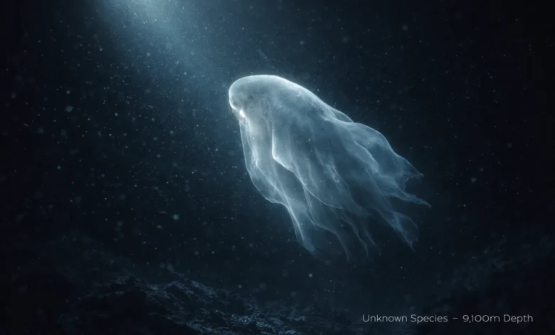 9100-meter mystery mollusc drifting in deep-sea hadal zone under submersible light