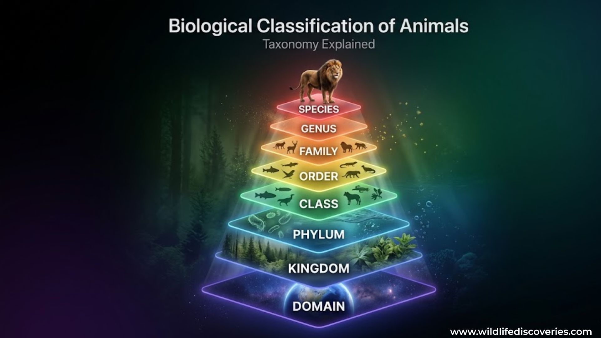 biological classification of animals taxonomy pyramid showing domain kingdom phylum class order family genus species hierarchy