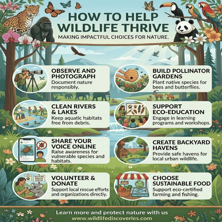 Illustrated infographic showing ways to help wildlife thrive, including observing nature, building pollinator gardens, cleaning rivers, supporting eco-education, sharing awareness online, creating backyard habitats, volunteering, and choosing sustainable food, surrounded by animals and a natural landscape.