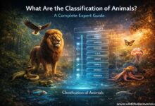 what are the classification of animals ? showing taxonomy hierarchy with lion eagle fish reptile amphibian and insect in different ecosystems