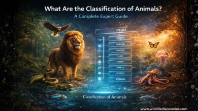 What are the classifications of animals ? showing taxonomy hierarchy with lion eagle fish reptile amphibian and insect in different ecosystems