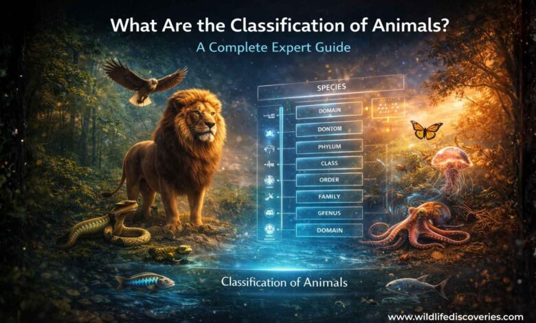 What are the classifications of animals ? showing taxonomy hierarchy with lion eagle fish reptile amphibian and insect in different ecosystems