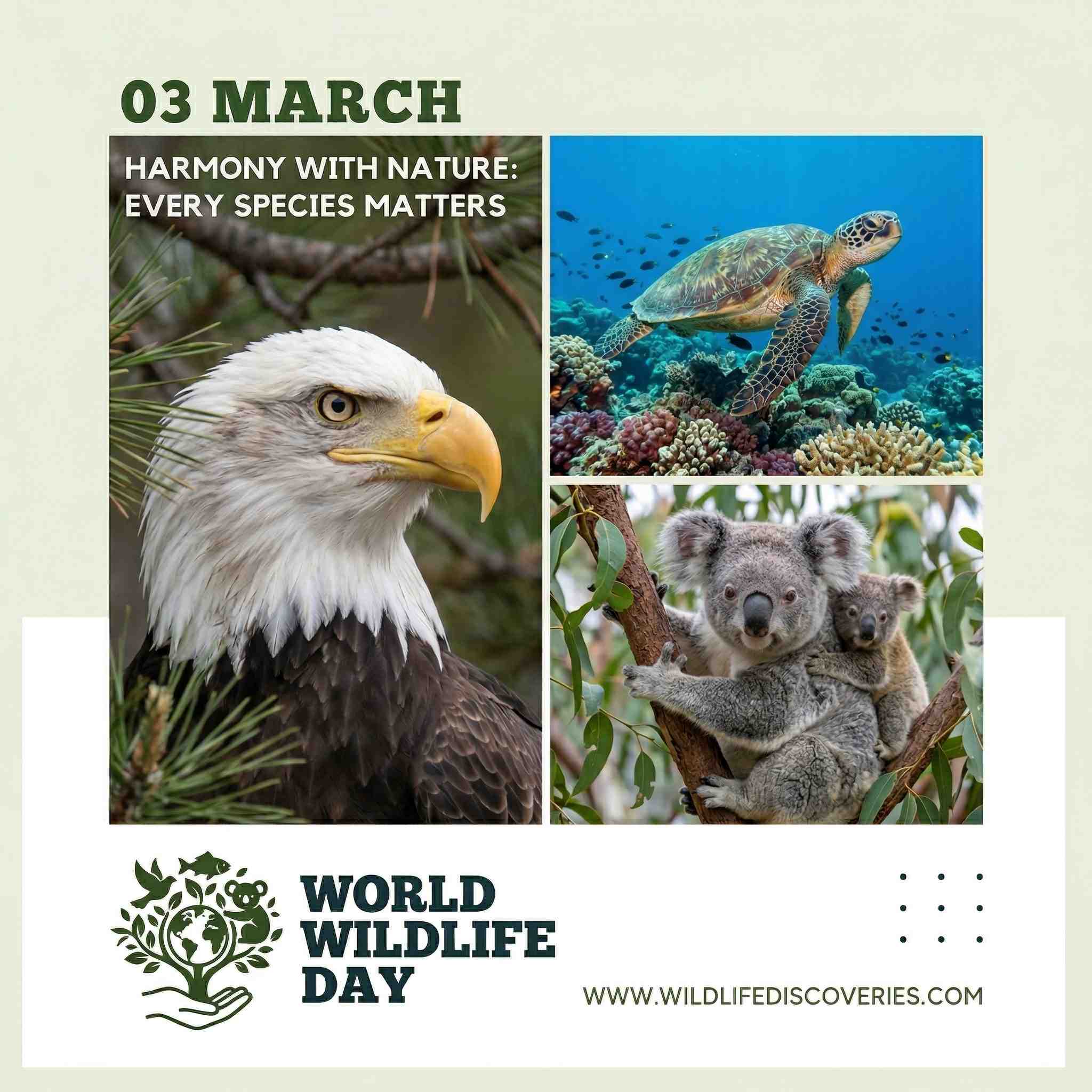World Wildlife Day collage showing endangered animals including eagle, sea turtle, and koala highlighting biodiversity and wildlife conservation