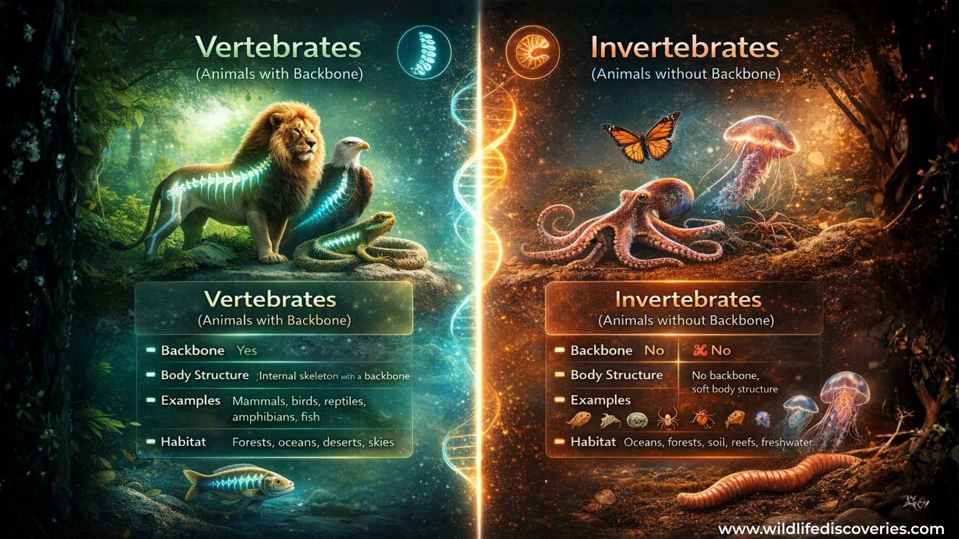animal classification chart showing vertebrates and invertebrates with examples and key differences
