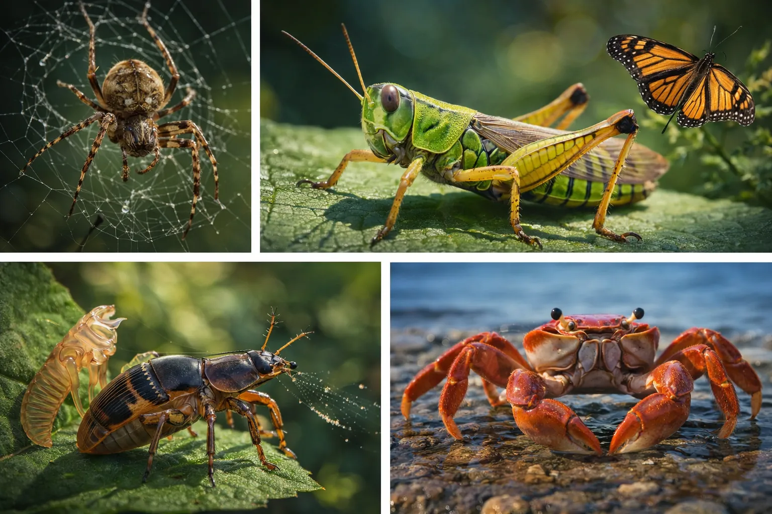 arthropods examples showing exoskeleton segmented body jointed limbs and molting process insect spider crab butterfly