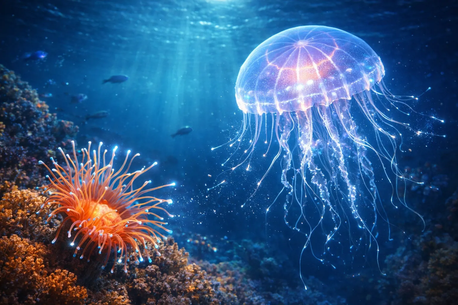 cnidarians jellyfish and sea anemone showing nematocysts and radial symmetry underwater ecosystem