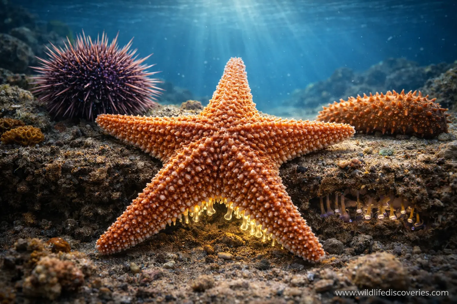 echinoderms starfish sea urchin showing spiny skin radial symmetry and tube feet underwater ecosystem