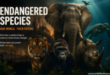 Endangered species wildlife poster showing elephant, tiger, gorilla, rhino and sea turtle, highlighting conservation and environmental threats