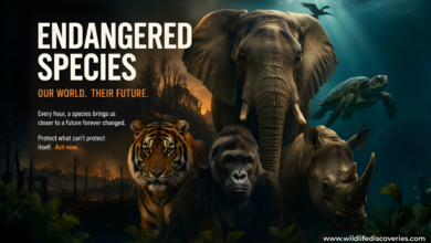 Endangered species wildlife poster showing elephant, tiger, gorilla, rhino and sea turtle, highlighting conservation and environmental threats