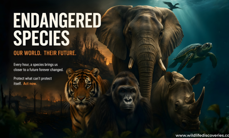Endangered species wildlife poster showing elephant, tiger, gorilla, rhino and sea turtle, highlighting conservation and environmental threats