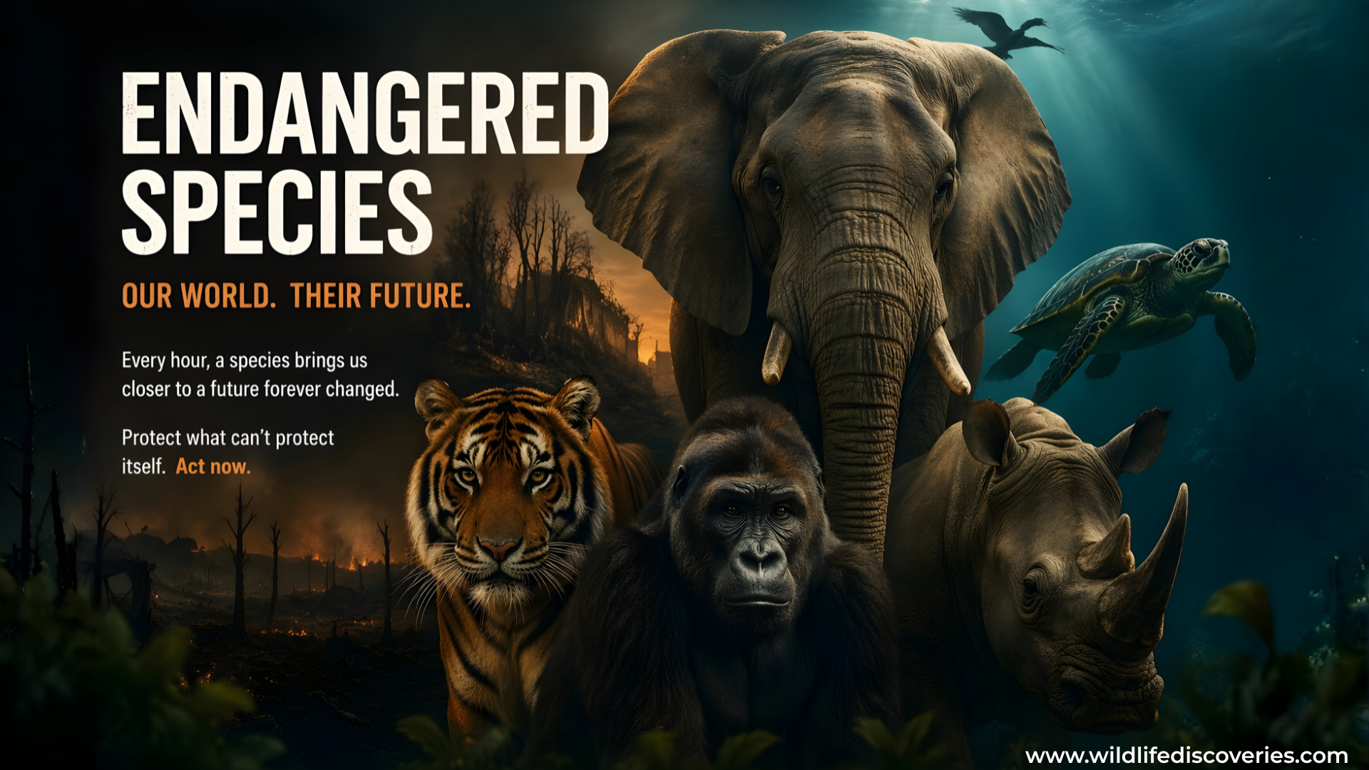 Endangered species wildlife poster showing elephant, tiger, gorilla, rhino and sea turtle, highlighting conservation and environmental threats