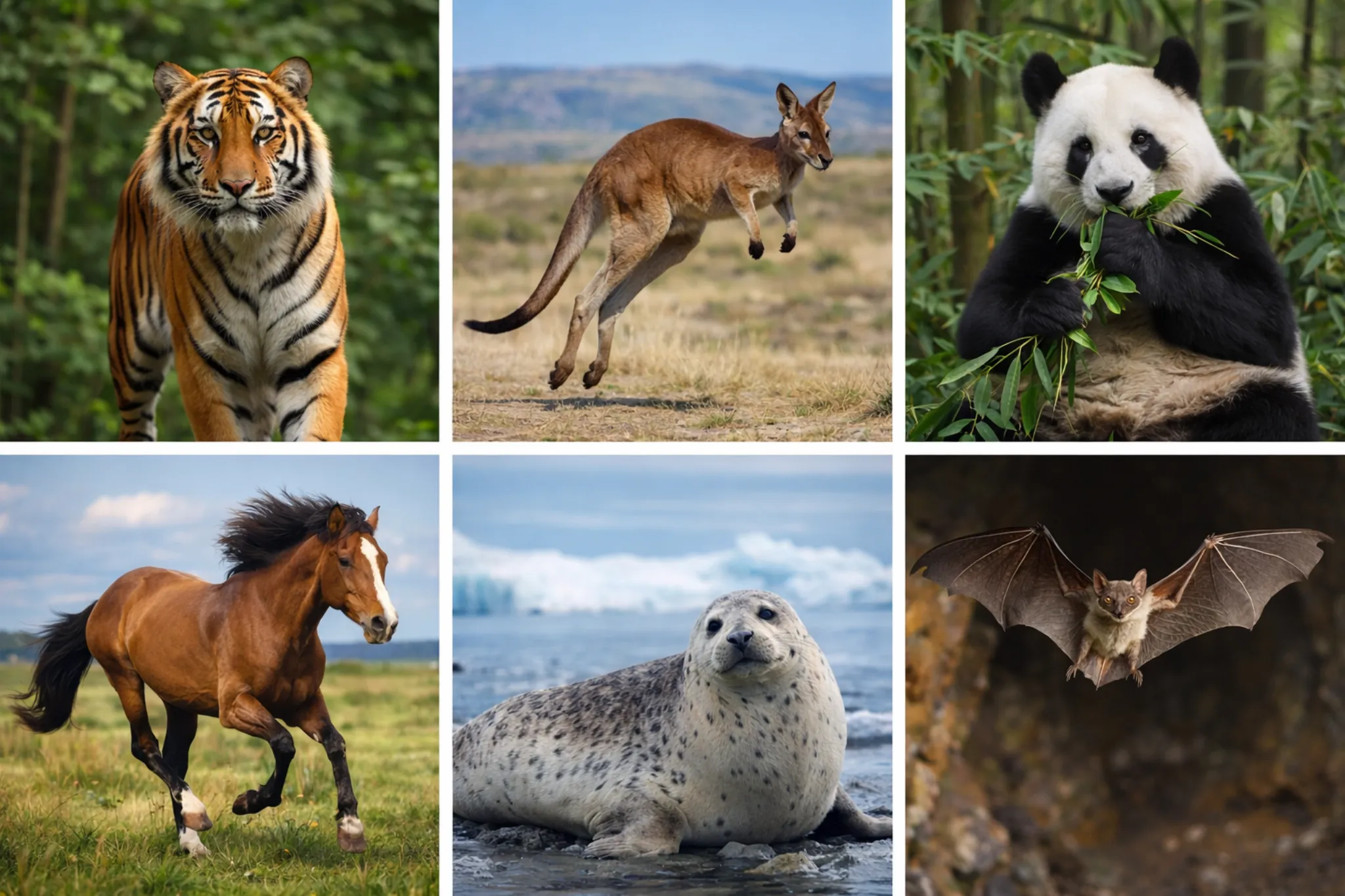 examples of mammals collage including tiger kangaroo panda horse seal and bat showing animal classification