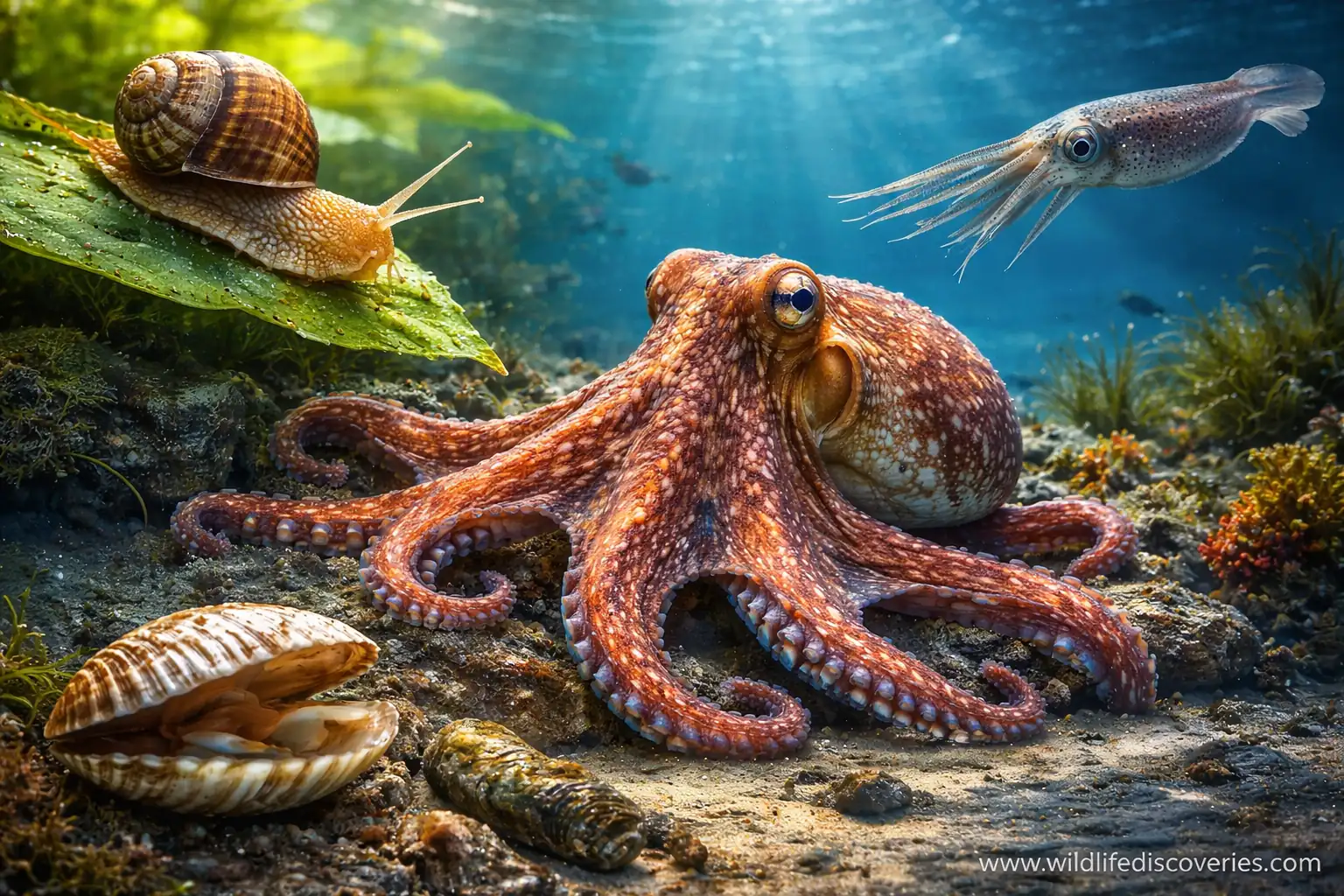 mollusks examples octopus snail clam squid showing soft body shell and muscular foot in different habitats