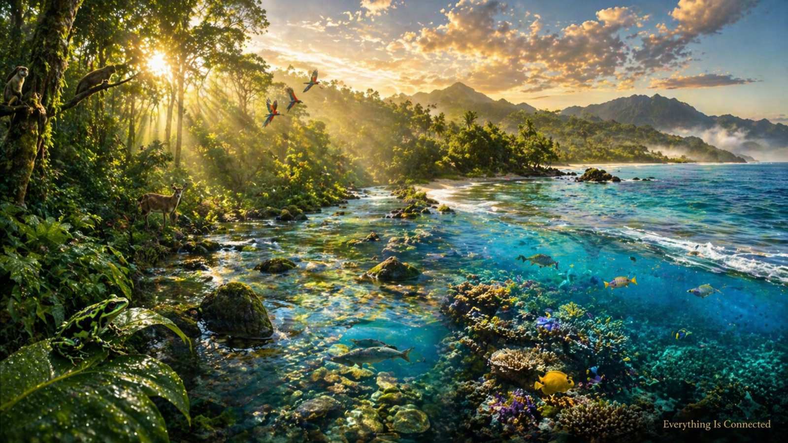 interconnected global ecosystems showing rainforest freshwater river and marine coral reef biodiversity on earth