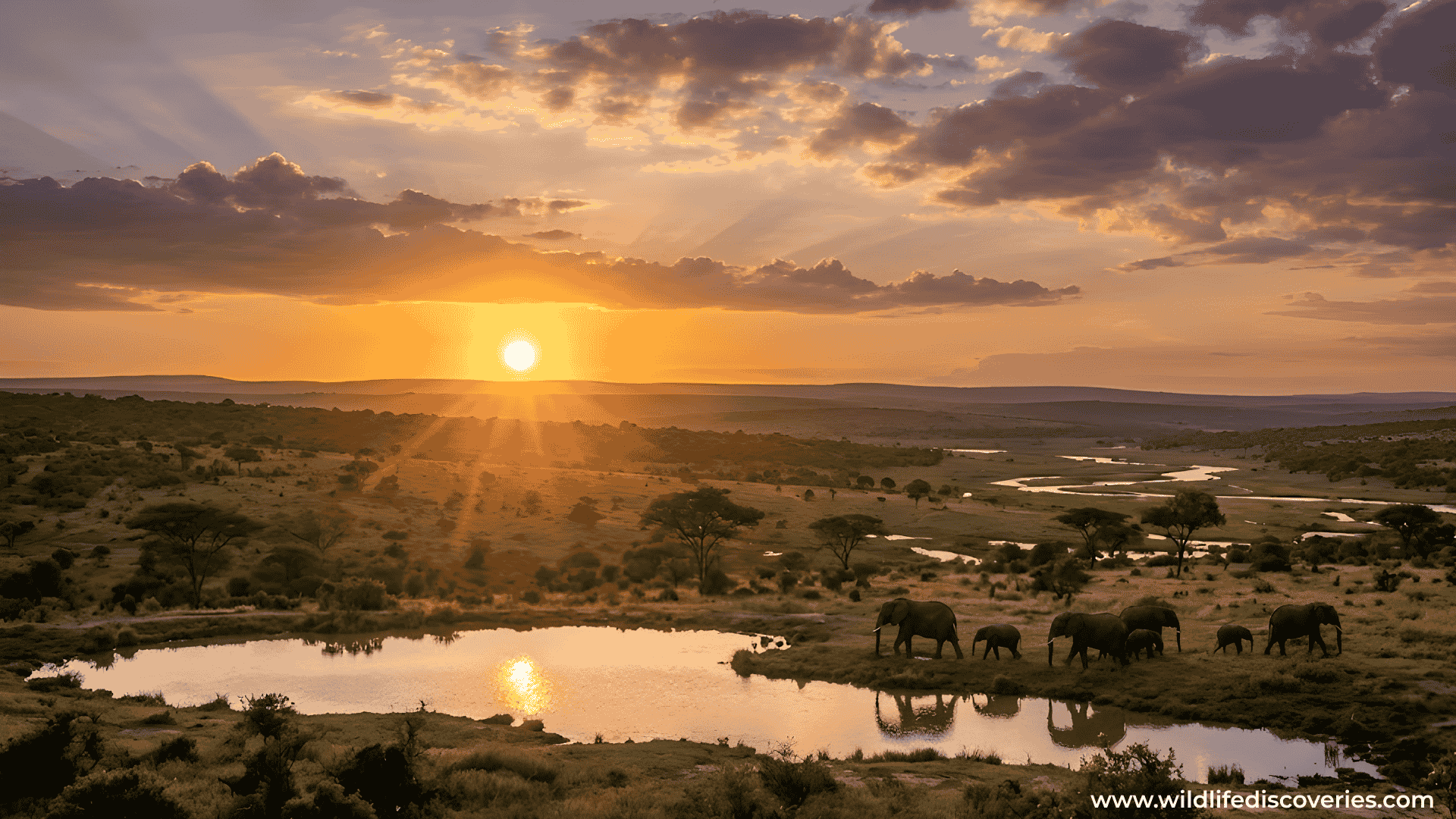 African savanna landscape at sunset with a herd of elephants walking near a reflective waterhole, golden sunlight casting long shadows across grasslands, winding river and scattered acacia trees under dramatic clouds.”