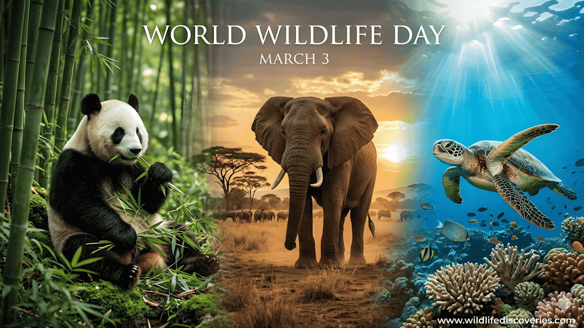 World Wildlife Day poster featuring a panda in a bamboo forest, an African elephant in the savanna at sunset, and a sea turtle swimming over a coral reef, highlighting global wildlife conservation on March 3.