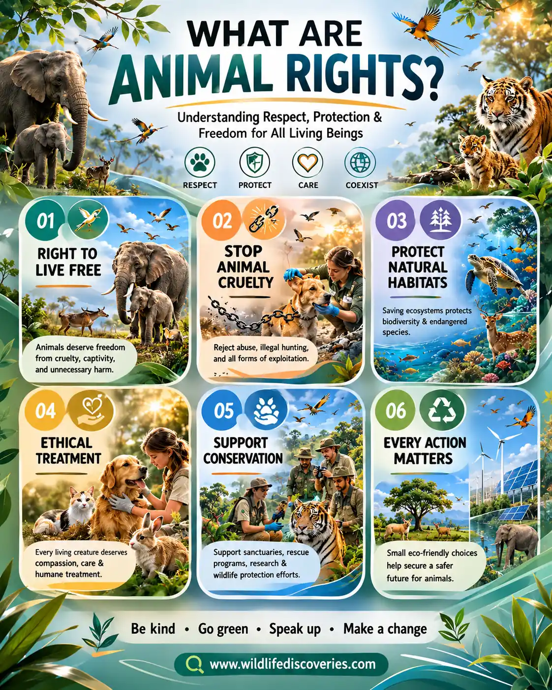 Animal Rights infographic poster showing wildlife protection, stop animal cruelty, protect natural habitats, ethical treatment of animals, conservation support, and eco-friendly actions with elephants, tigers, marine animals, and nature scenes.