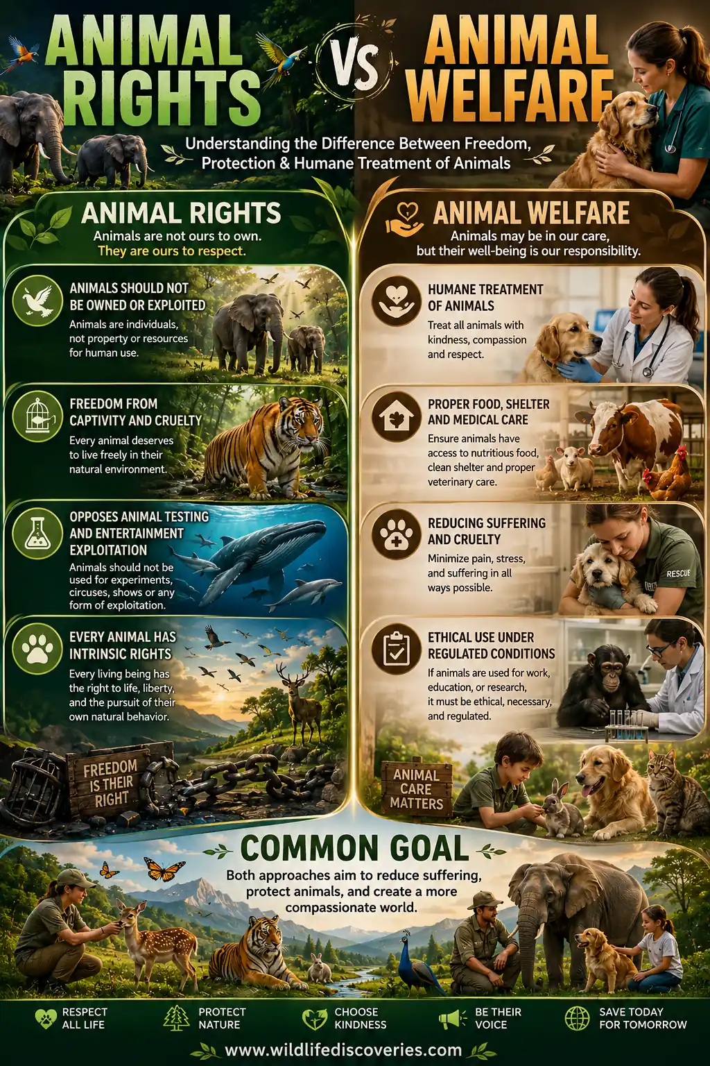 animal rights vs animal welfare, wildlife protection infographic, stop animal cruelty, ethical treatment of animals, conservation awareness poster, animal welfare education, animal rights awareness, protect endangered species, humane treatment infographic.