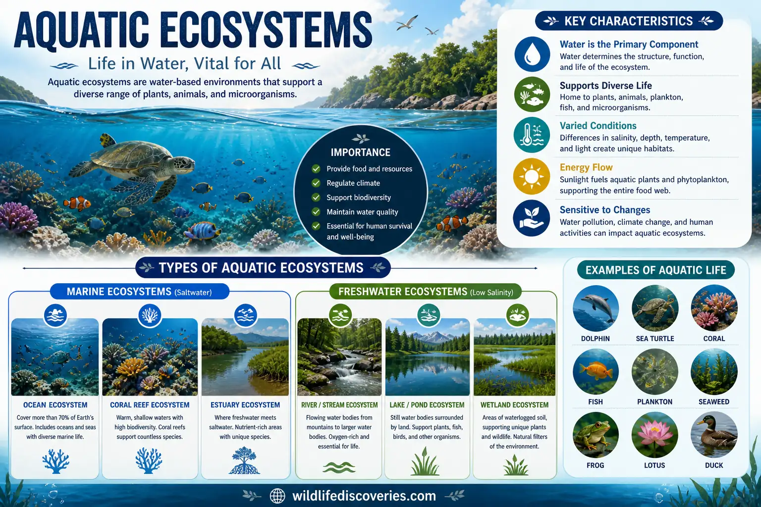 Aquatic ecosystems infographic showing marine and freshwater types such as ocean, coral reef, river, lake, wetland, and estuary, along with key characteristics and importance.