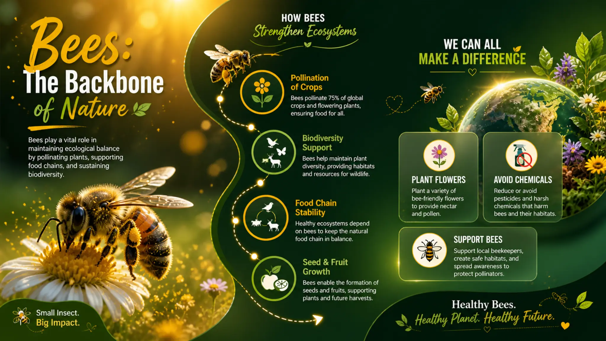 Role of bees in ecosystems infographic showing pollination, biodiversity support, food chain stability, and ways to protect pollinators