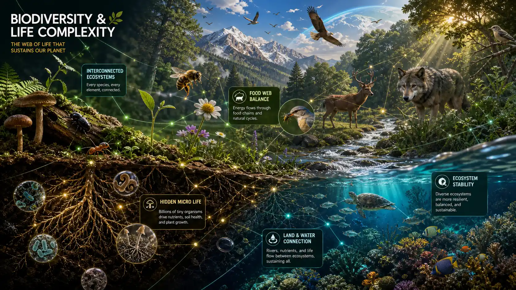 Biodiversity and life complexity illustration showing interconnected ecosystems, food web interactions, micro life, and aquatic and terrestrial species
