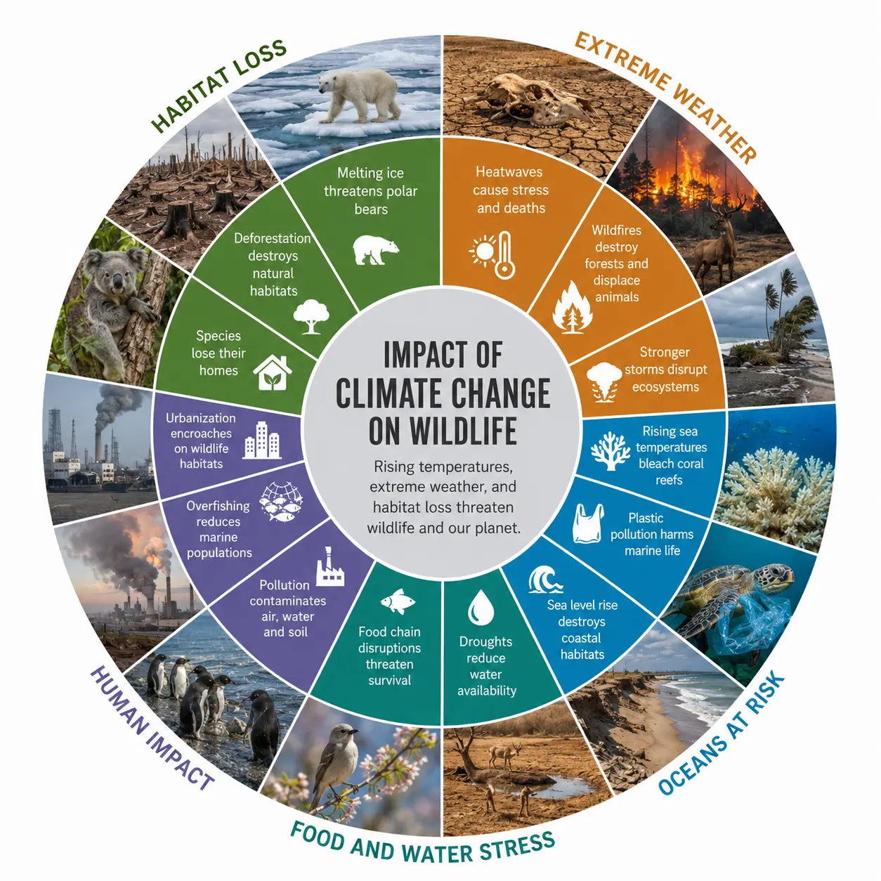 Climate change impact on wildlife infographic showing habitat loss, extreme weather, ocean risks, food and water stress, pollution, and environmental threats affecting animals and ecosystems worldwide.