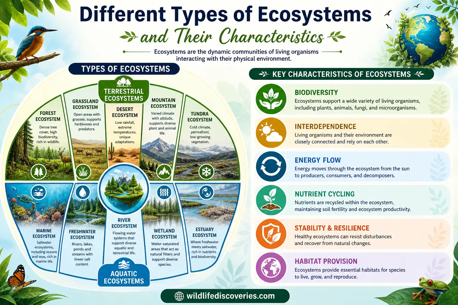 Infographic showing different types of ecosystems and their characteristics, including terrestrial and aquatic ecosystems like forest, desert, grassland, marine, freshwater, and wetland, along with key ecological features.