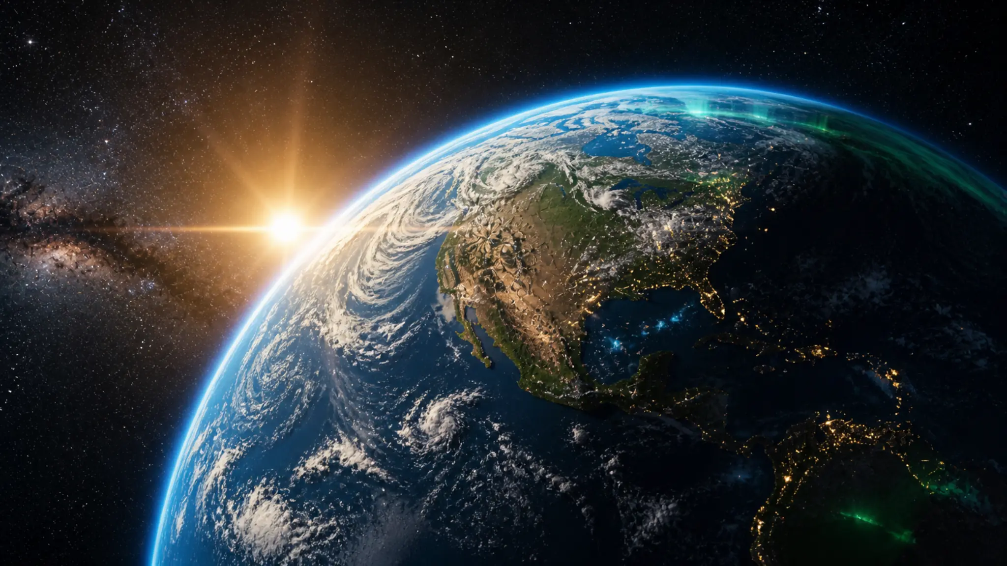 Earth from space showing blue oceans, clouds, and glowing atmosphere with sunlight and city lights in a cinematic view