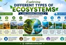 Feature image showing different types of ecosystems including terrestrial and aquatic environments with their key characteristics in a colorful infographic layout.