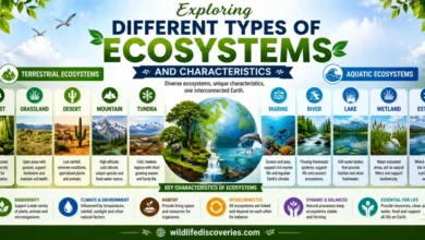 Feature image showing different types of ecosystems including terrestrial and aquatic environments with their key characteristics in a colorful infographic layout.