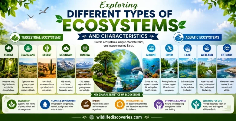 Feature image showing different types of ecosystems including terrestrial and aquatic environments with their key characteristics in a colorful infographic layout.