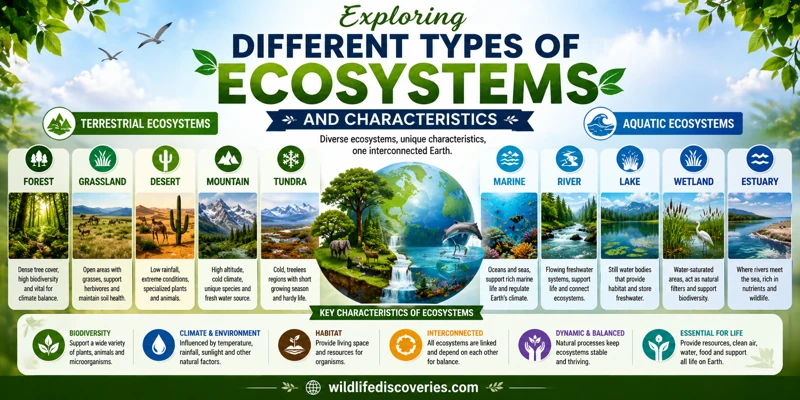 Feature image showing different types of ecosystems including terrestrial and aquatic environments with their key characteristics in a colorful infographic layout.