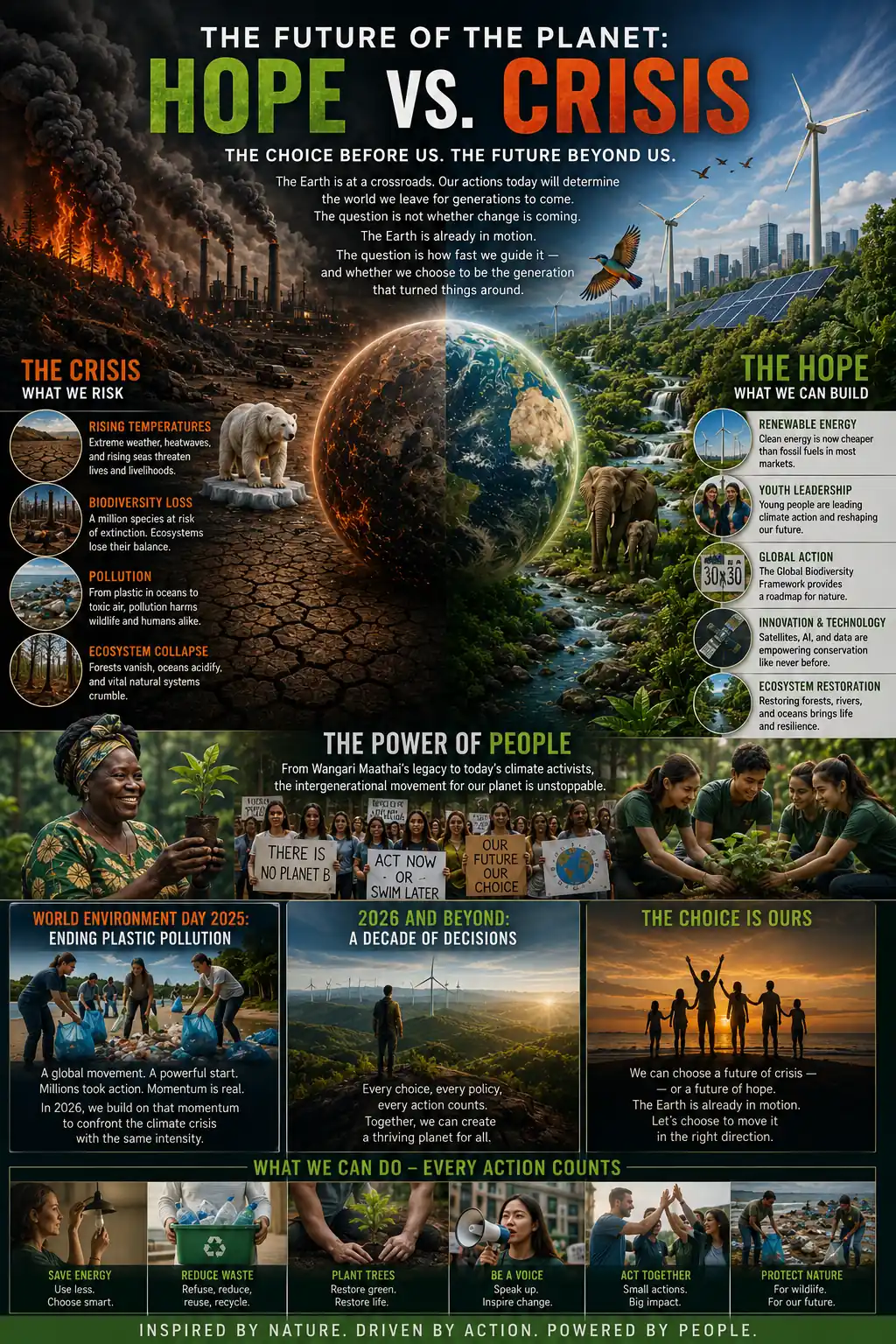 Future of the Planet Hope vs Crisis infographic showing climate change impacts, biodiversity loss, renewable energy solutions, youth climate action, ecosystem restoration and environmental sustainability for World Environment Day 2026.