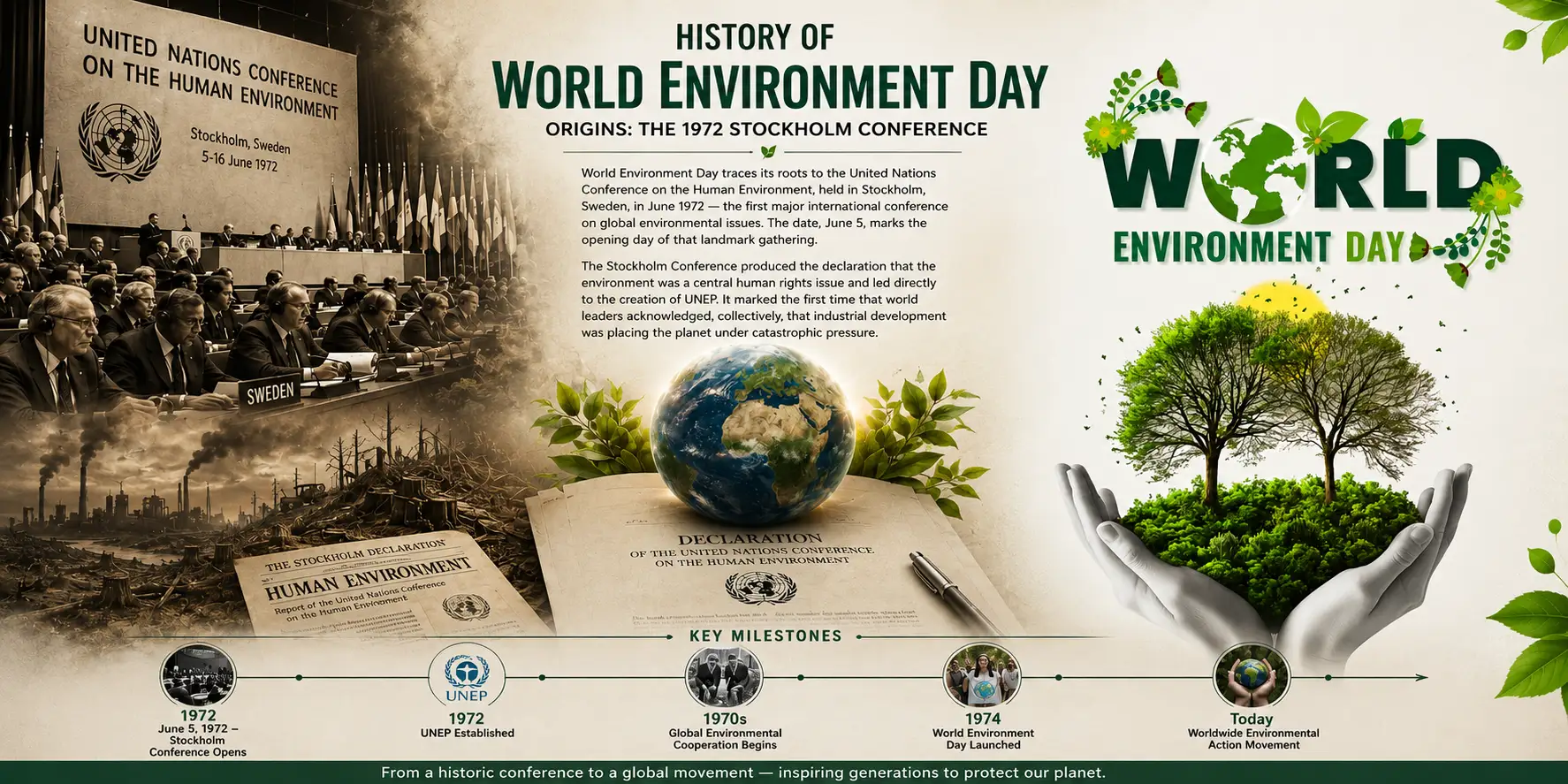 History of World Environment Day infographic showcasing the 1972 Stockholm Conference, the creation of UNEP, key environmental milestones, and the evolution of global environmental action toward a sustainable future.