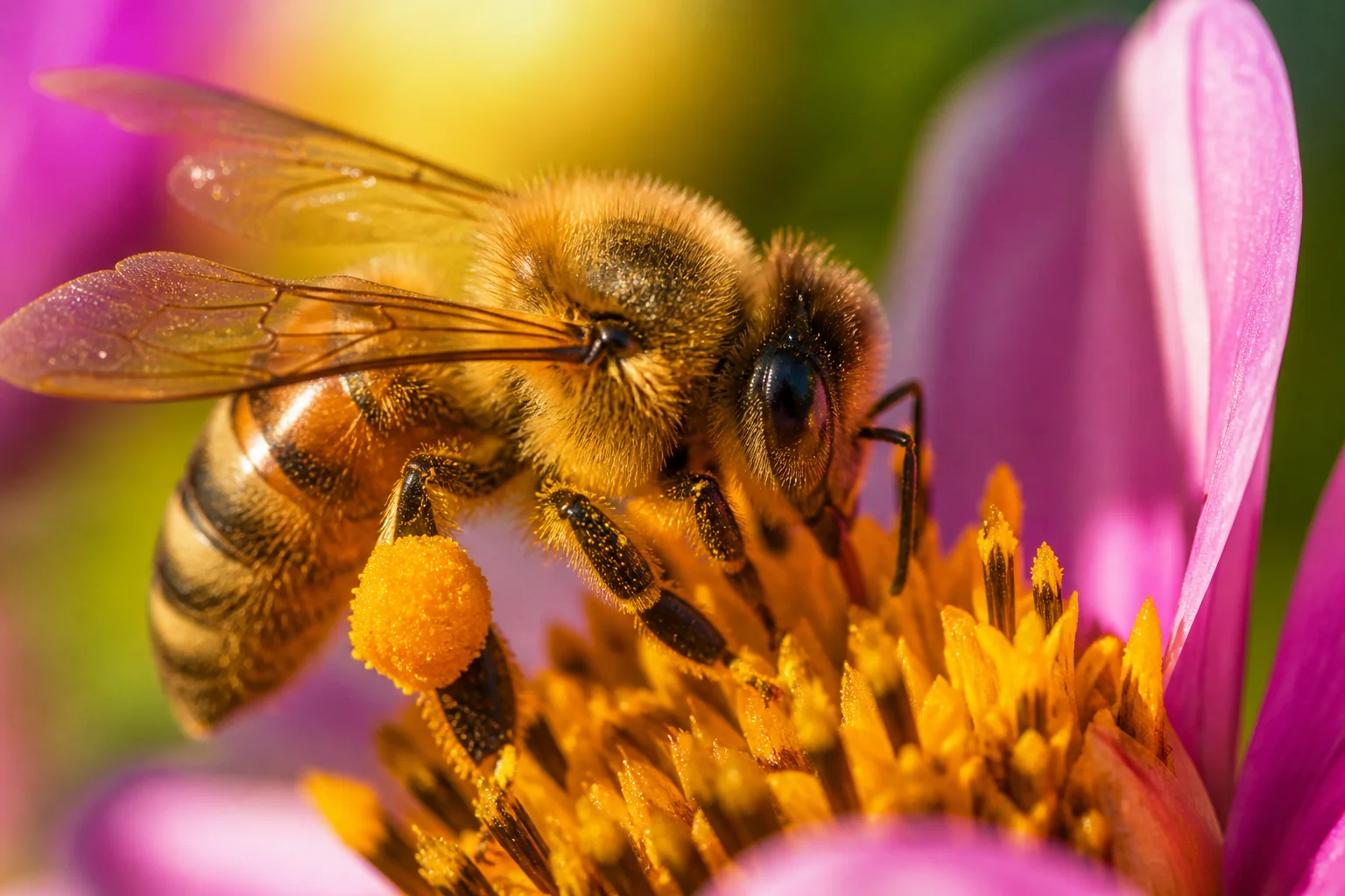 Ultra realistic macro image of a honeybee pollinating a colorful flower with visible pollen and detailed wings in natural sunlight