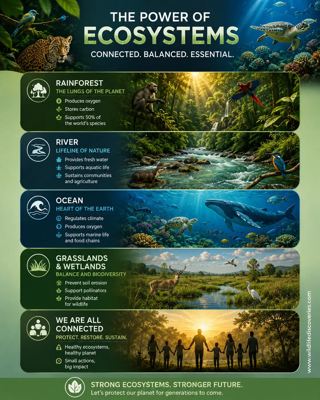 Interconnected global ecosystems infographic showing rainforest, river, ocean, grasslands, wetlands, wildlife biodiversity, ecosystem services, and environmental sustainability for a healthy planet.