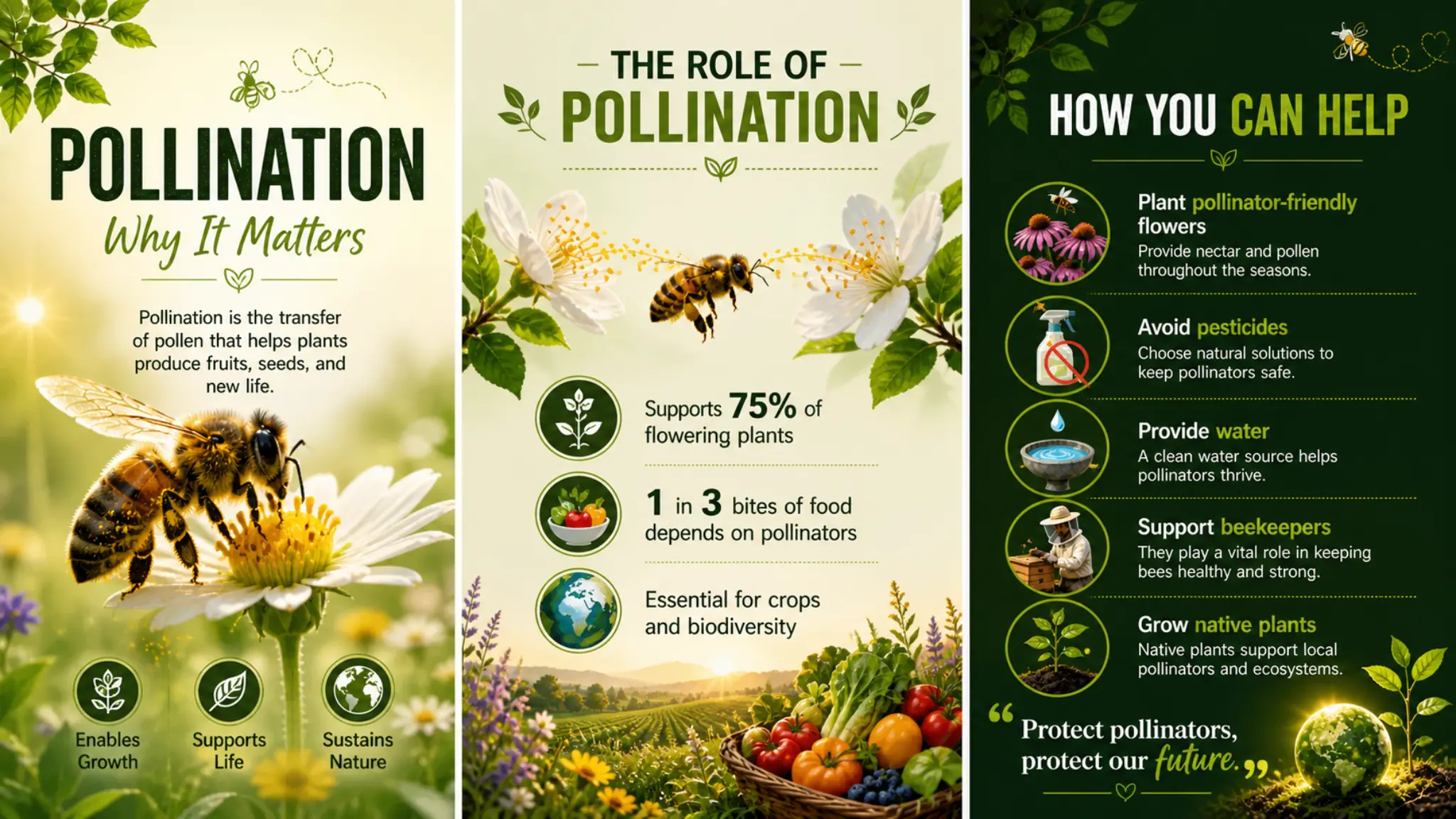 Role of pollination infographic showing bees transferring pollen, benefits for crops and biodiversity, and eco-friendly ways to support pollinators