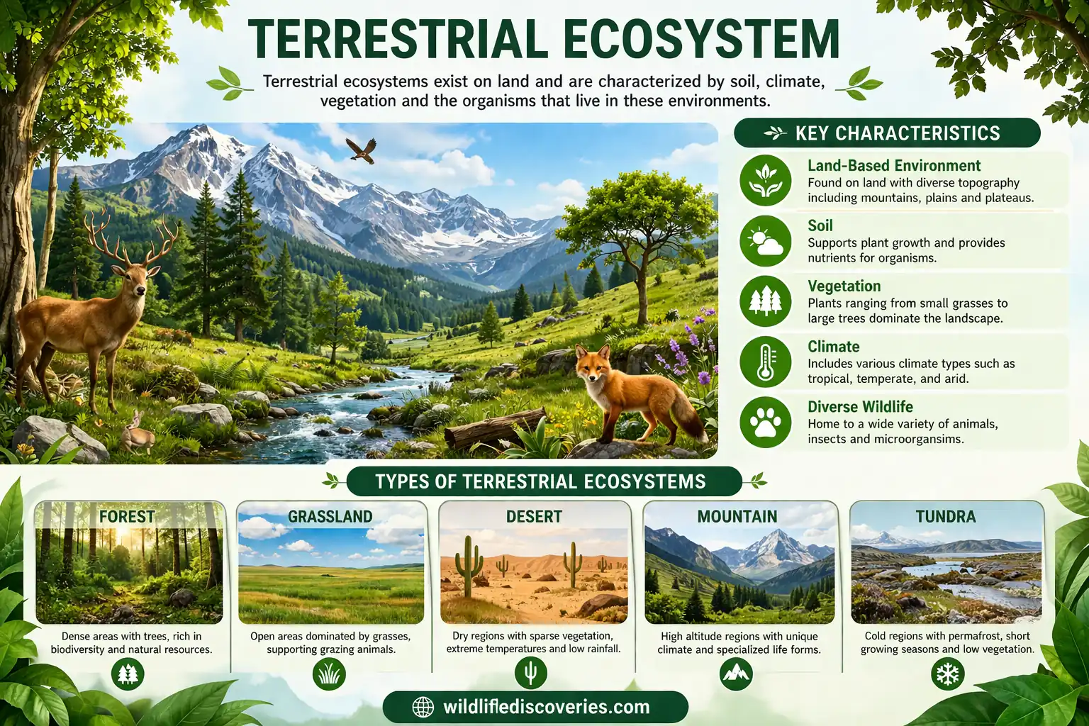Terrestrial ecosystem infographic showing types like forest, grassland, desert, mountain, and tundra along with key characteristics such as soil, climate, vegetation, and wildlife.