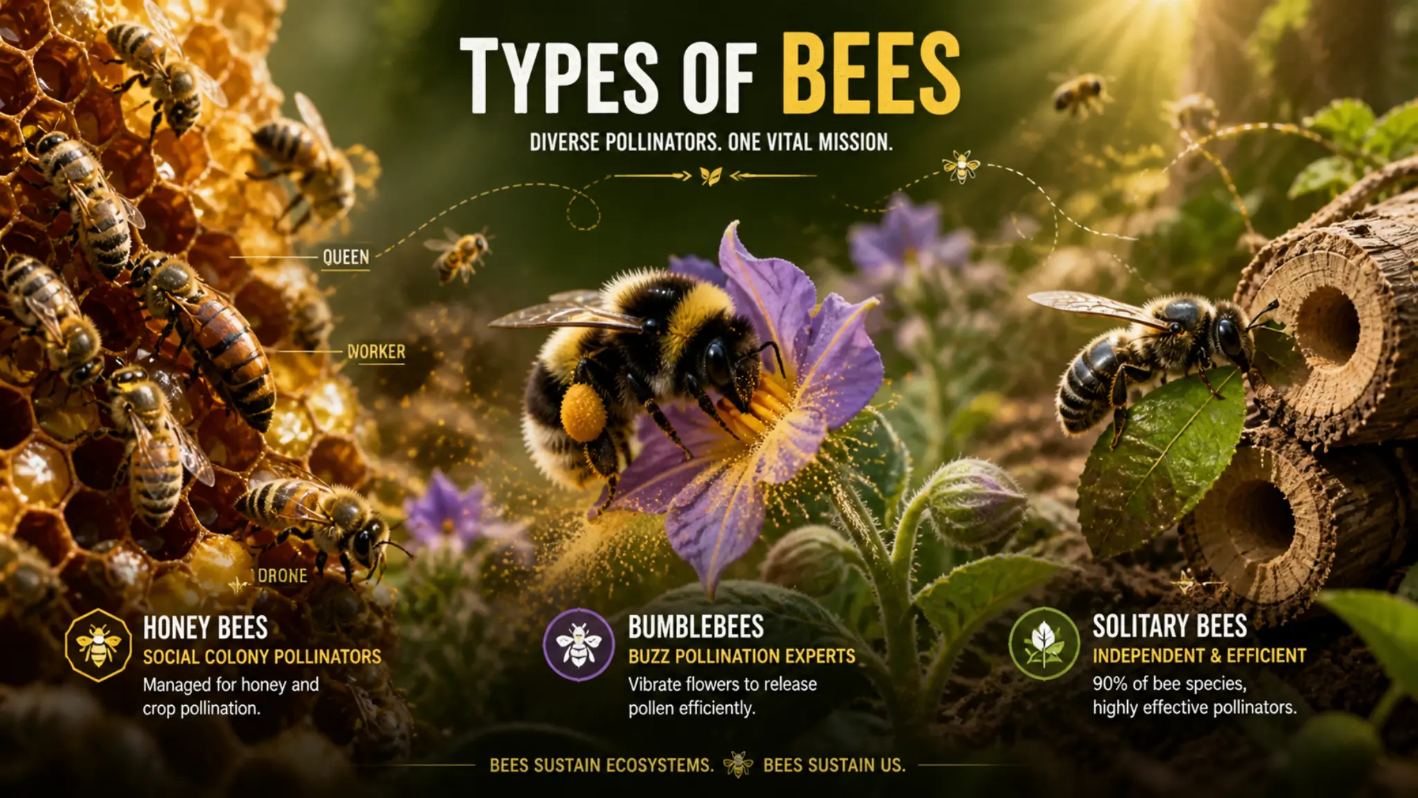 Types of bees infographic showing honey bees, bumblebees, and solitary bees with pollination behavior in a realistic nature setting