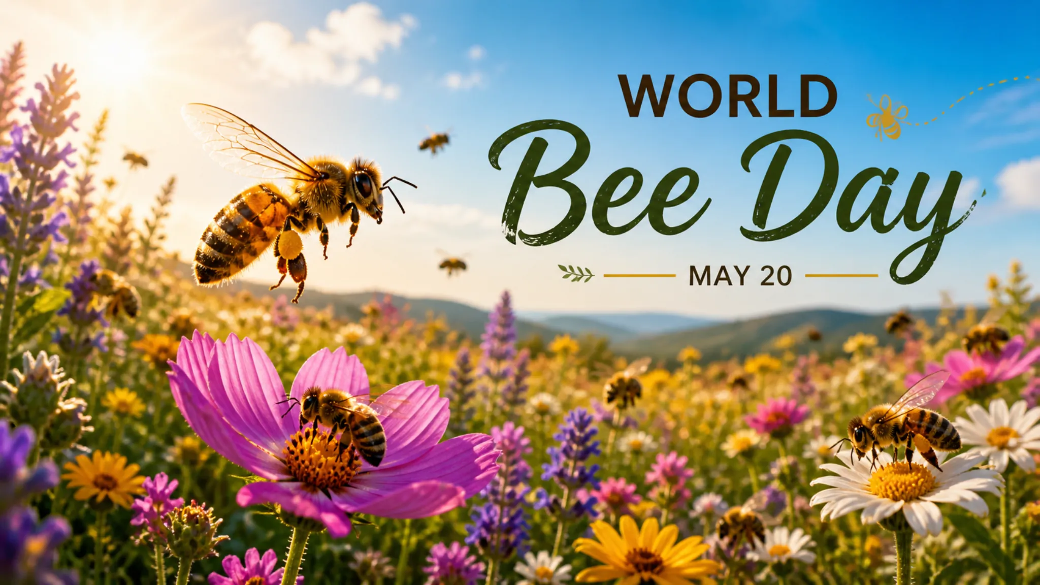 World Bee Day May 20 with honey bees pollinating colorful wildflowers in a sunny meadow