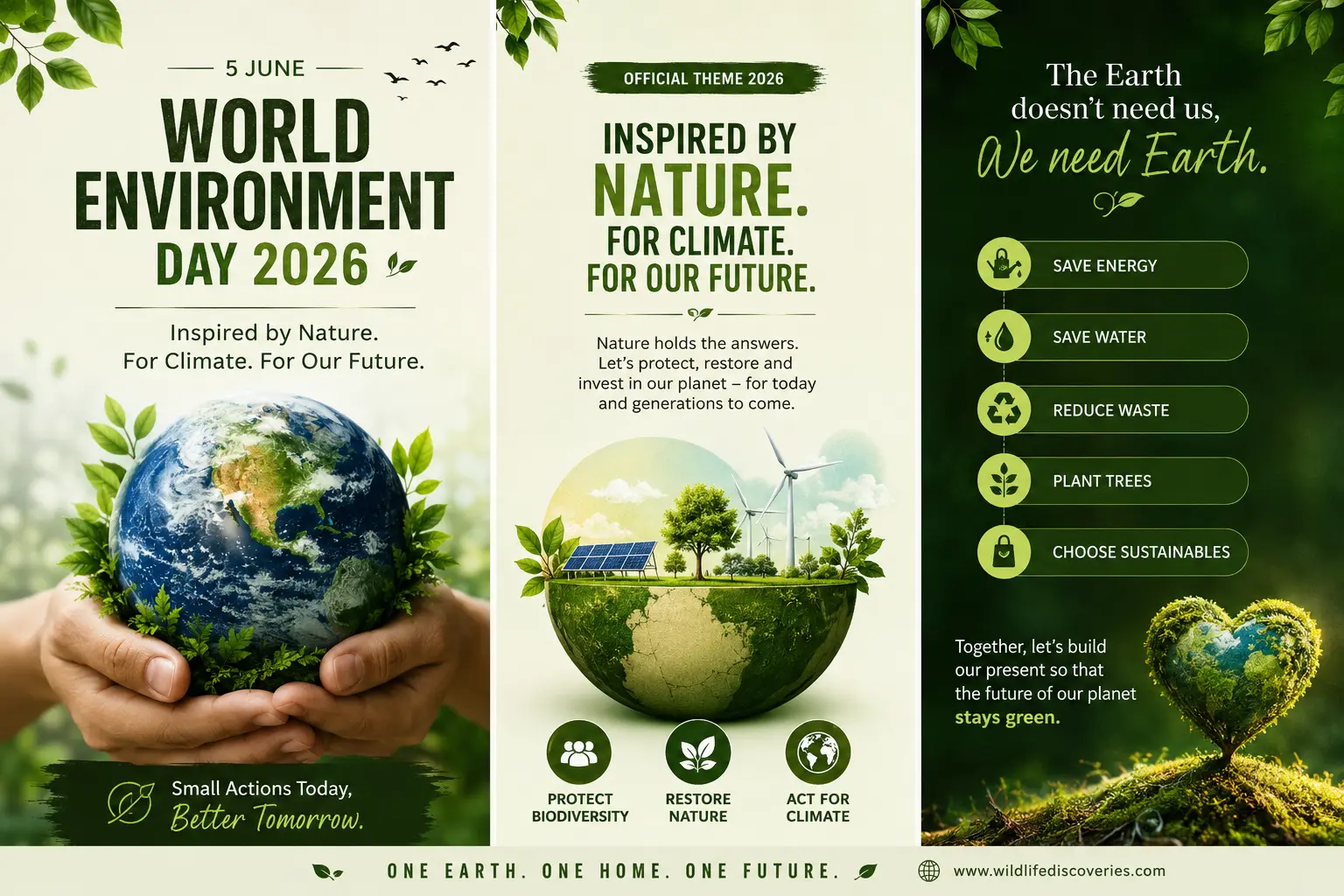 World Environment Day 2026 informational carousel featuring the official theme “Inspired by Nature. For Climate. For Our Future.” with Earth conservation, renewable energy, biodiversity protection, sustainability tips, and climate action awareness.