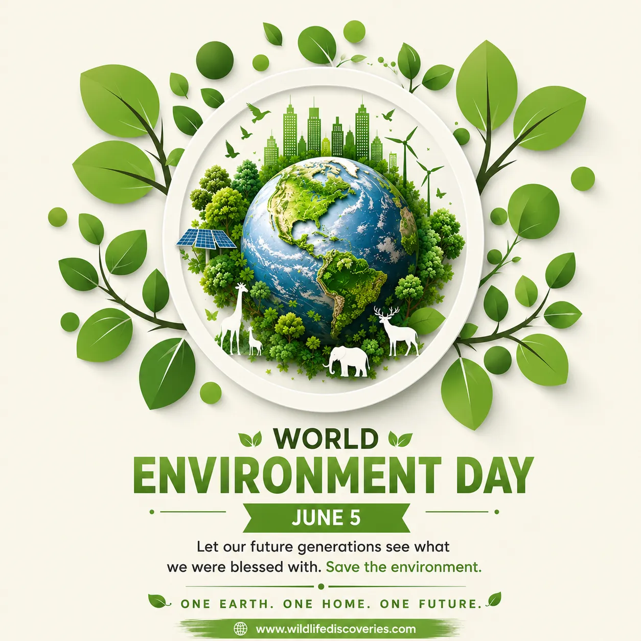 World Environment Day green earth poster featuring eco-friendly planet design, green leaves, wildlife silhouettes, renewable energy, and sustainability message.