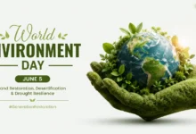 World Environment Day banner featuring a green hand holding Planet Earth surrounded by leaves, symbolizing land restoration, environmental conservation, sustainability, and a greener future.