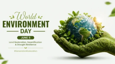 World Environment Day banner featuring a green hand holding Planet Earth surrounded by leaves, symbolizing land restoration, environmental conservation, sustainability, and a greener future.