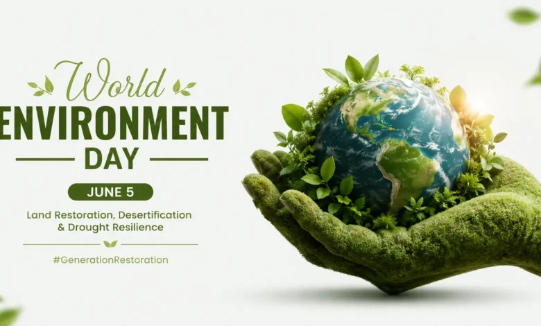 World Environment Day banner featuring a green hand holding Planet Earth surrounded by leaves, symbolizing land restoration, environmental conservation, sustainability, and a greener future.