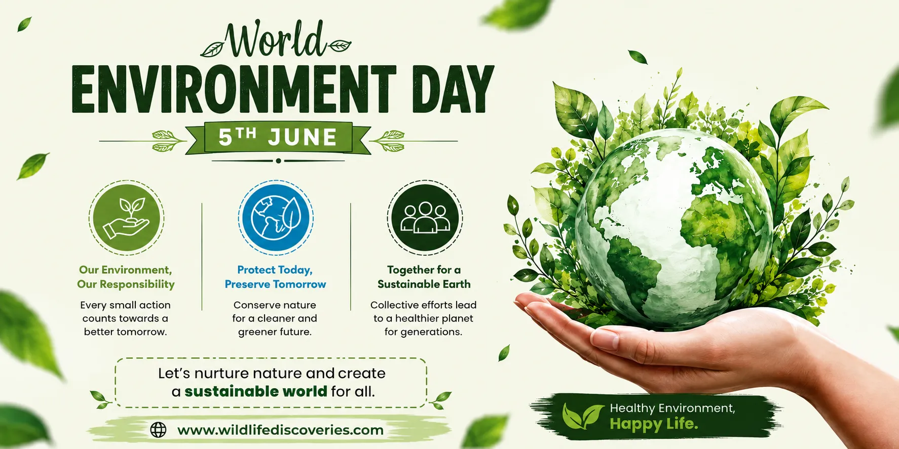 World Environment Day awareness poster featuring Earth in hands, green leaves, eco-friendly design, sustainability icons, and wildlife conservation message.