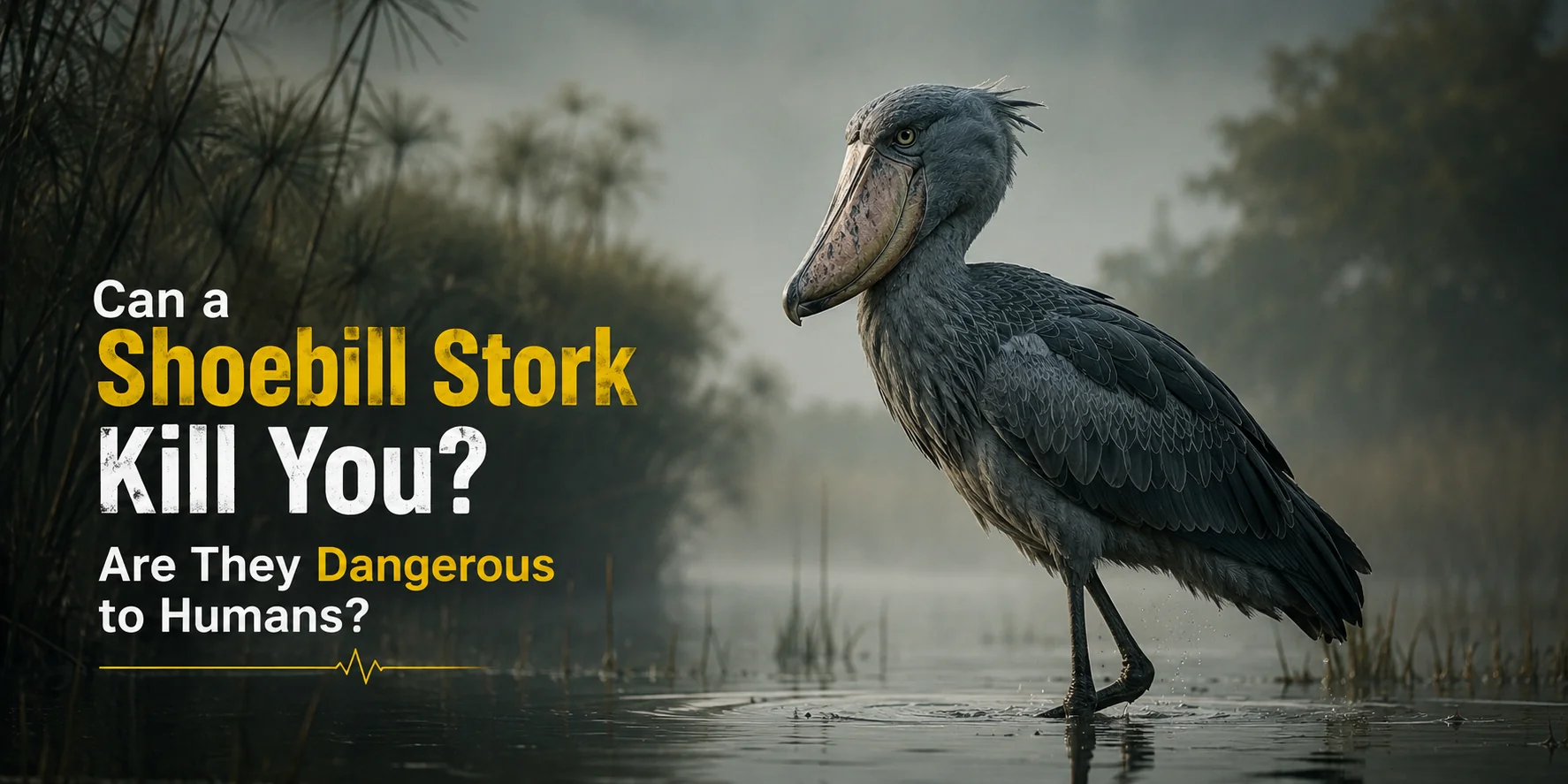 can a shoebill stork kill you? Shoebill stork standing in a misty wetland habitat