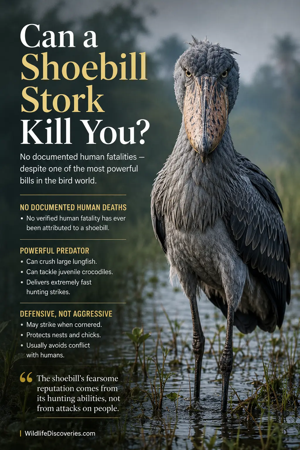 Can a shoebill stork kill you editorial infographic explaining shoebill hunting power, human risk, and behavior toward people